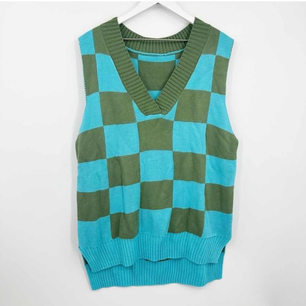 Dark Academia Sweater Vest Blue Green V Neck Size Large